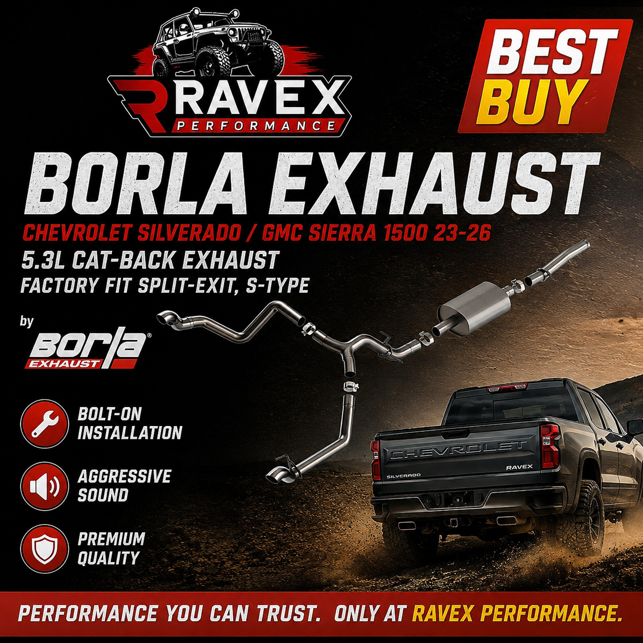 Borla Exhaust 

Sound : S-Type

Chevrolet Silverado / GMC Sierra 1500 23-26 5.3L Cat-Back Exhaust, Factory Fit Split-Exit, S-Type